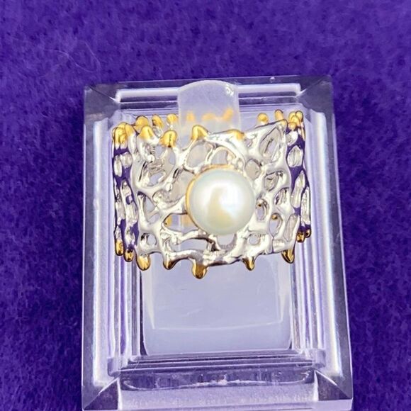 Ring, solid sterling, real pearl, 22 K gold, sz 7,8, cigar band, hand made, NWOT - Picture 3 of 16